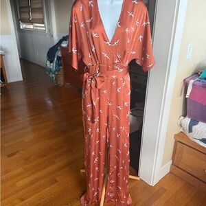 Honey Belle Terracotta Jumpsuit with crane Pattern